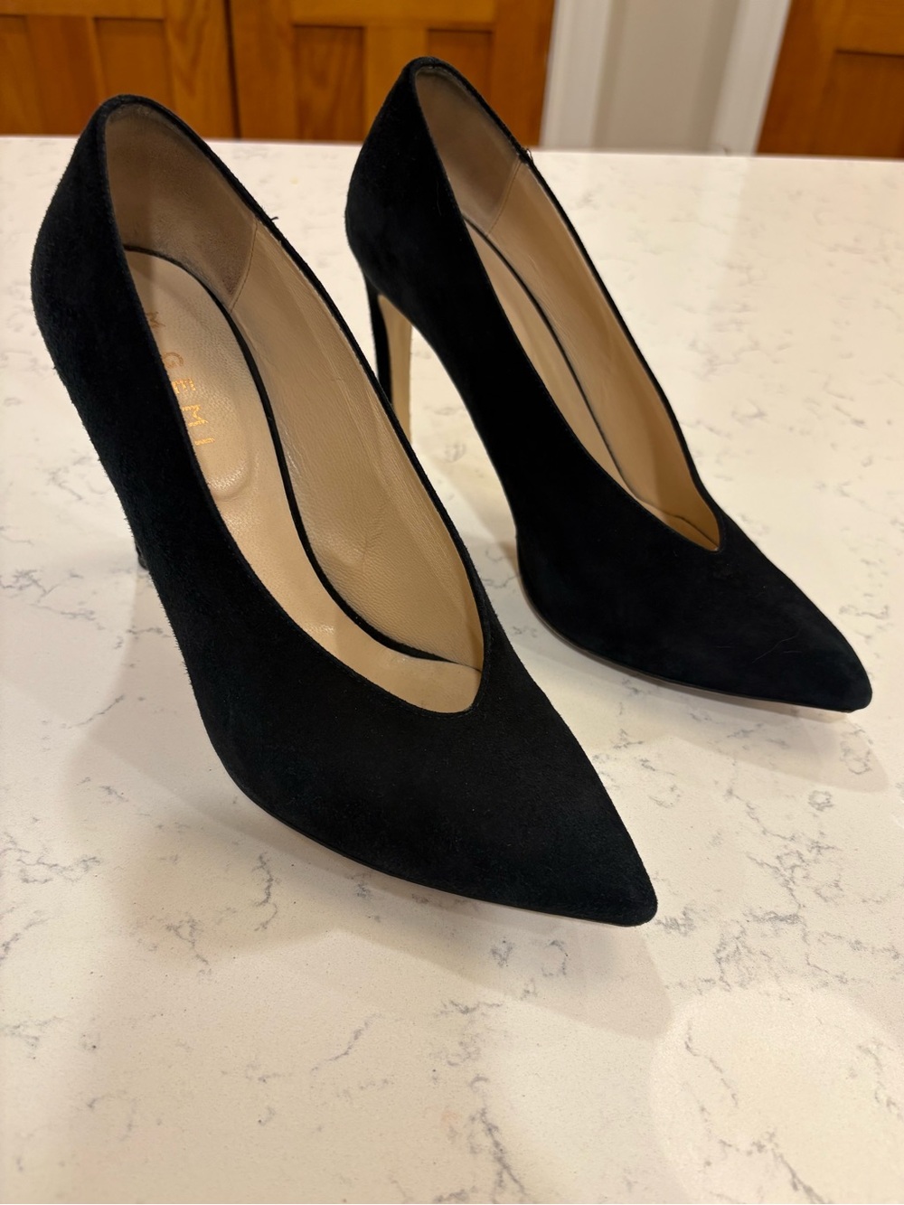 M.Gemi V Vamp Black Italian Suede Stiletto Pumps 39 US 8.5 Made in Italy